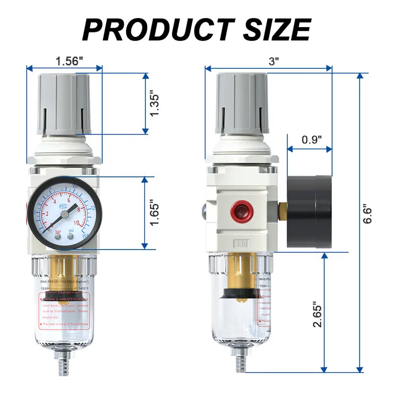 Size dimensions of airzoe AW2000-02 1/4 inch NPT semi-auto drain air filter regulator combo with 0-150 PSI gauge