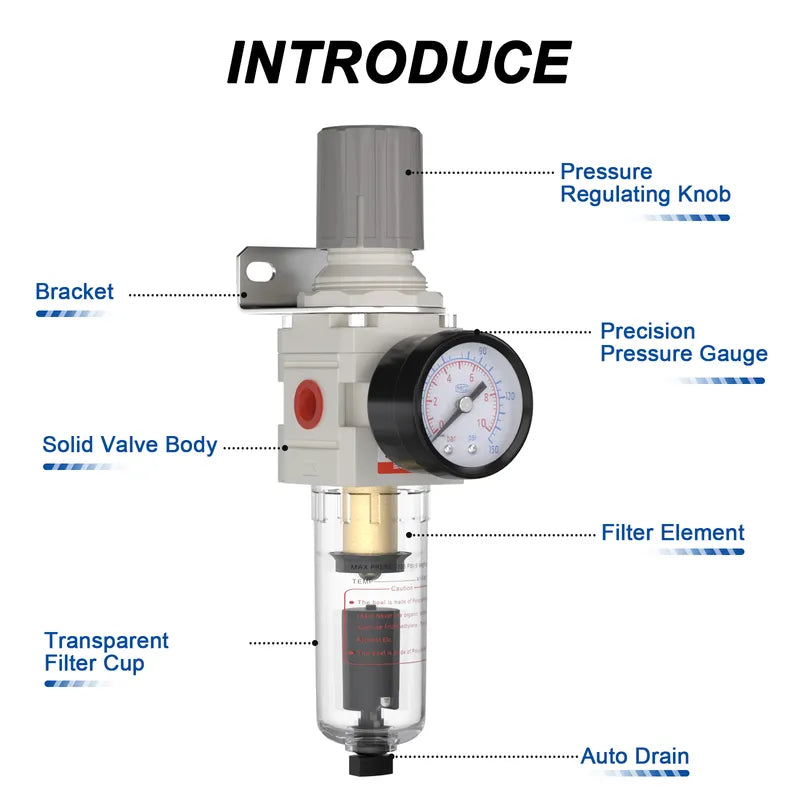 Parts structure of airzoe AW2000-02 air filter regulator combo with pressure regulating knob, precision pressure gauge, transparent filter cup, filter element and auto drain