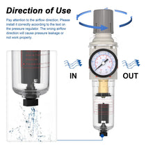 Airflow direction and auto drain warning for airzoe AW2000-02 air filter regulator combo showing IN and OUT installation direction