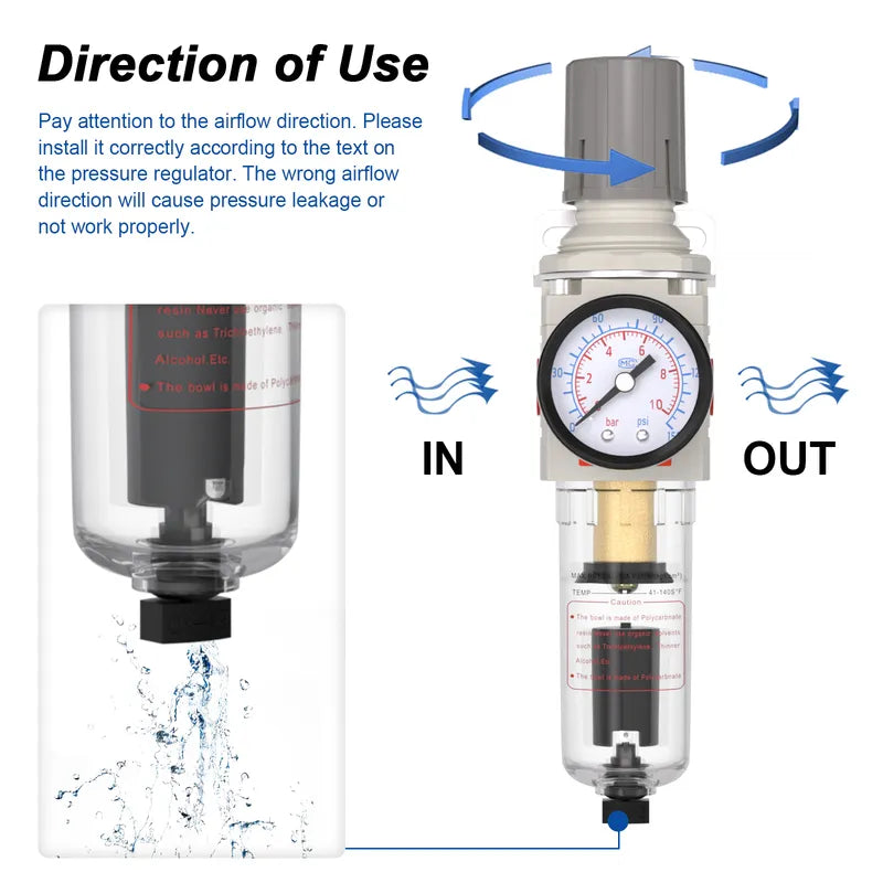 Airflow direction and auto drain warning for airzoe AW2000-02 air filter regulator combo showing IN and OUT installation direction