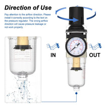 Airflow direction and manual drain warning for airzoe AW2000-02 air filter regulator combo showing IN and OUT installation direction