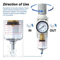 Airflow direction and semi-auto drain warning for airzoe AW2000-02 air filter regulator combo showing IN and OUT installation direction