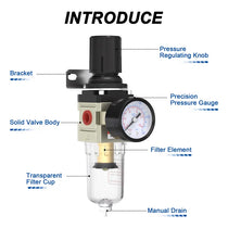 Parts structure of airzoe AW2000-02 manual drain air filter regulator combo with pressure regulating knob, precision pressure gauge, transparent filter cup and filter element
