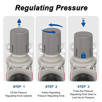 Pressure regulating instructions for airzoe AW2000-02 air filter regulator combo showing lift, rotate and press knob steps