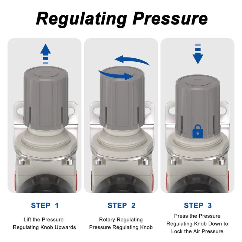 Pressure regulating instructions for airzoe AW2000-02 air filter regulator combo showing lift, rotate and press knob steps
