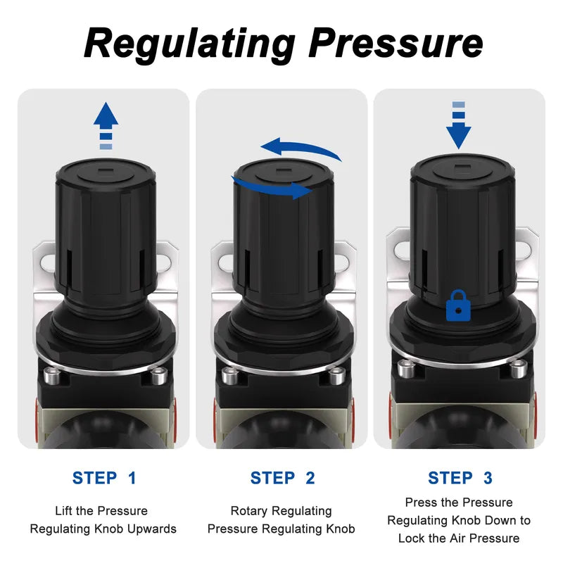 Pressure regulating instructions for airzoe AW2000-02 air filter regulator combo showing lift, rotate and press knob steps
