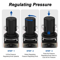 Pressure regulating instructions for airzoe AW2000-02 air filter regulator combo showing lift, rotate and press knob steps