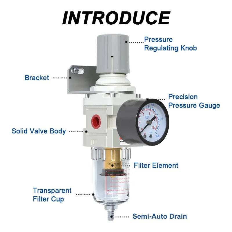 Parts structure of airzoe AW2000-02 semi-auto drain air filter regulator combo with pressure regulating knob, precision pressure gauge, transparent filter cup and filter element
