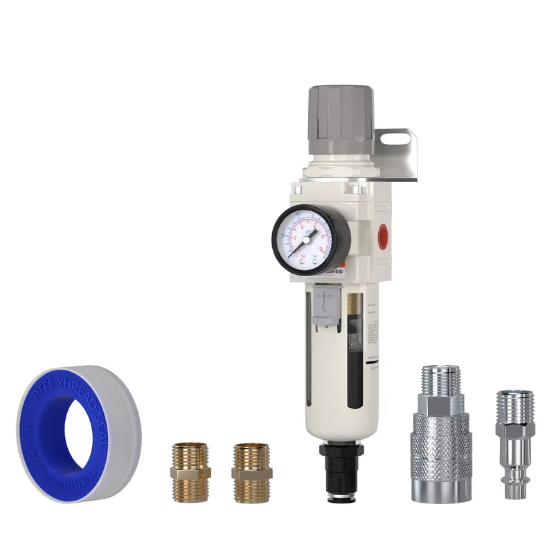 airzoe AW3000-03 3/8 inch NPT air filter regulator combo piggyback kit with 0-150 PSI gauge, 5 micron brass element, auto drain and fittings