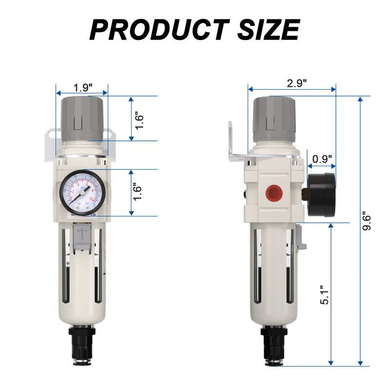 Size dimensions of airzoe AW3000-03 3/8 inch NPT auto drain air filter regulator combo with 0-150 PSI gauge