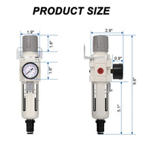Size dimensions of airzoe AW3000-03 3/8 inch NPT auto drain air filter regulator combo with 0-150 PSI gauge