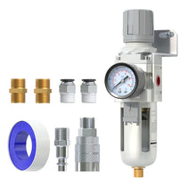 airzoe AW3000-03 3/8 inch NPT air filter regulator combo piggyback kit with 0-145 PSI gauge, 5 micron brass element, semi-auto drain and fittings