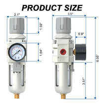 Size dimensions of airzoe AW3000-03 3/8 inch NPT semi-auto drain air filter regulator combo with 0-145 PSI gauge