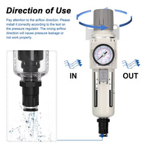 Airflow direction and auto drain warning for airzoe AW3000-03 air filter regulator combo showing IN and OUT installation direction