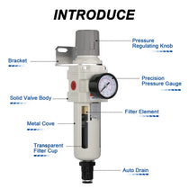 Parts structure of airzoe AW3000-03 auto drain air filter regulator combo with pressure regulating knob, precision pressure gauge, metal cover, transparent filter cup and filter element