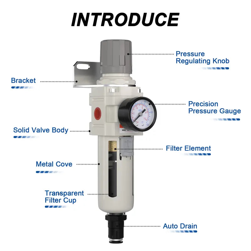 Parts structure of airzoe AW3000-03 auto drain air filter regulator combo with pressure regulating knob, precision pressure gauge, metal cover, transparent filter cup and filter element