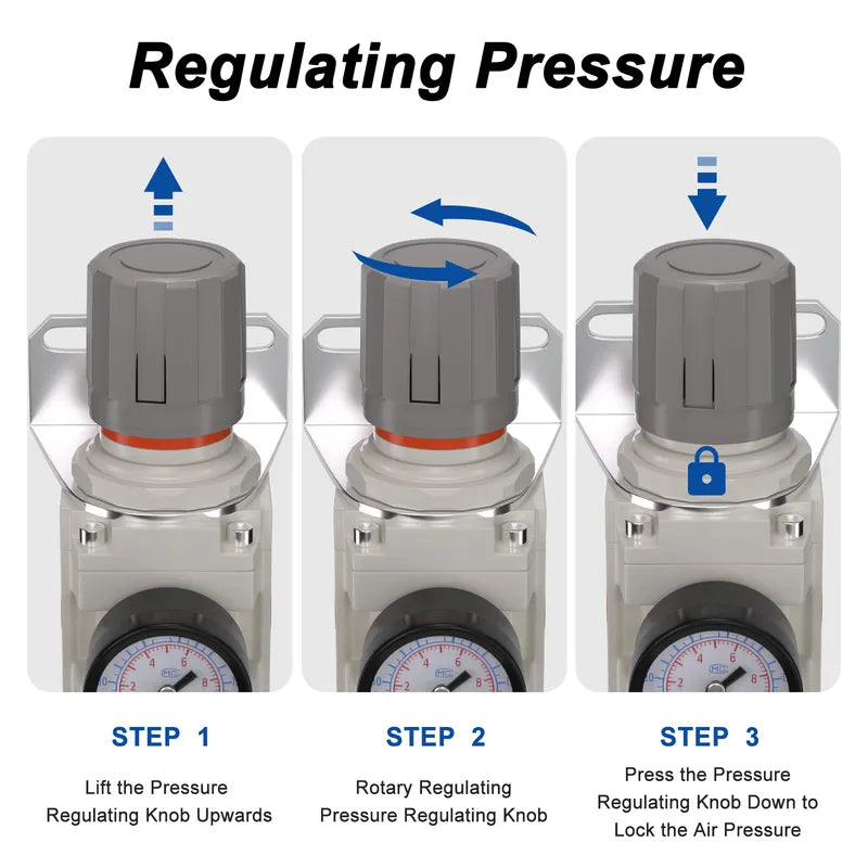 Pressure regulating instructions for airzoe AW3000-03 air filter regulator combo showing lift, rotate and press knob steps
