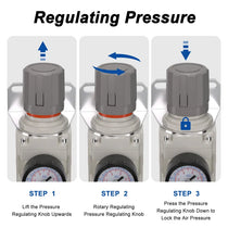 Pressure regulating instructions for airzoe AW3000-03 air filter regulator combo showing lift, rotate and press knob steps
