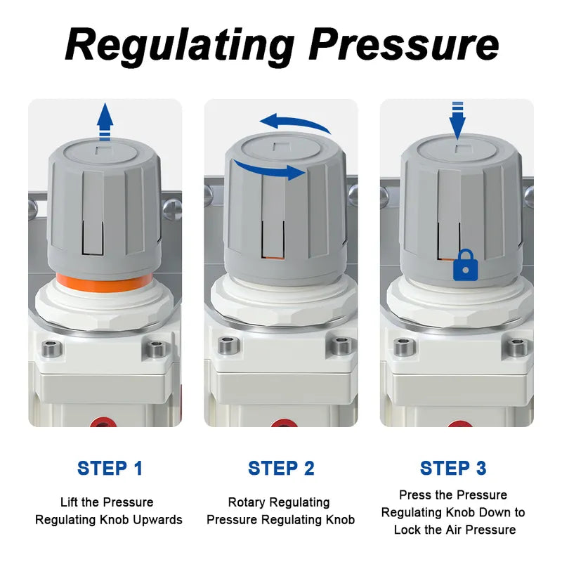 Pressure regulating instructions for airzoe AW3000-03 air filter regulator combo showing lift, rotate and press knob steps
