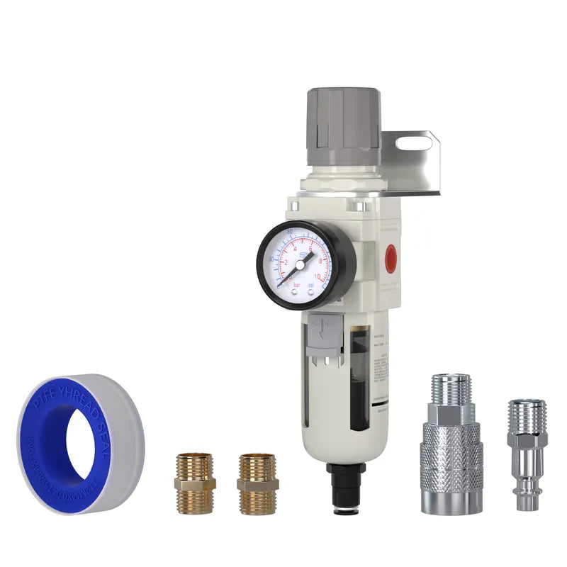 airzoe AW4000-04 1/2 inch NPT air filter regulator combo piggyback kit with 0-150 PSI gauge, 5 micron brass element, auto drain and fittings
