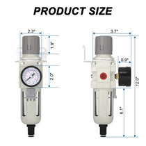 Size dimensions of airzoe AW4000-04 1/2 inch NPT auto drain air filter regulator combo with 0-150 PSI gauge