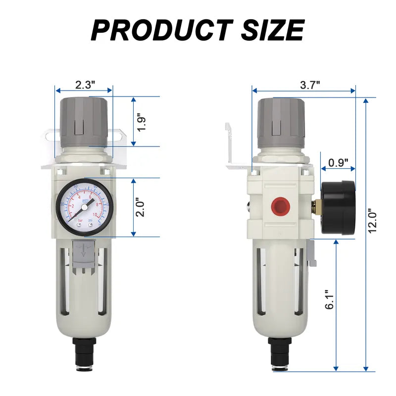 Size dimensions of airzoe AW4000-04 1/2 inch NPT auto drain air filter regulator combo with 0-150 PSI gauge