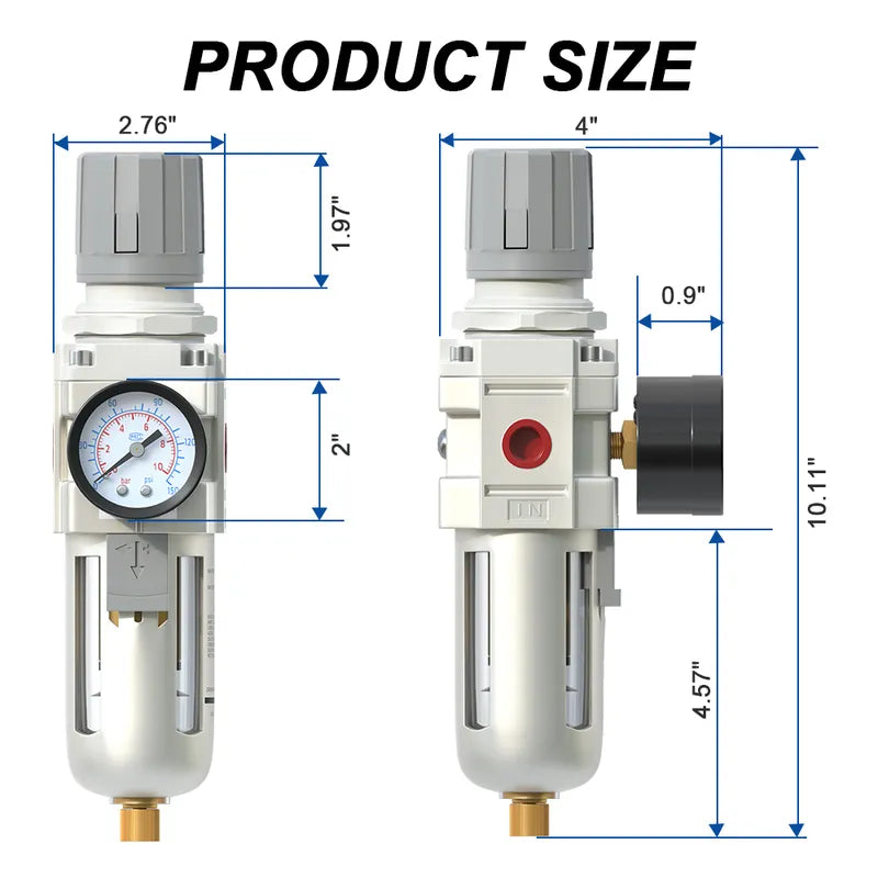 Size dimensions of airzoe AW4000-04 1/2 inch NPT semi-auto drain air filter regulator combo with 0-145 PSI gauge