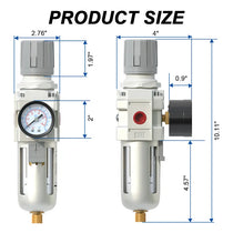 Size dimensions of airzoe AW4000-04 1/2 inch NPT semi-auto drain air filter regulator combo with 0-145 PSI gauge