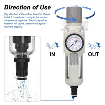 Airflow direction and auto drain warning for airzoe AW4000-04 air filter regulator combo showing IN and OUT installation direction