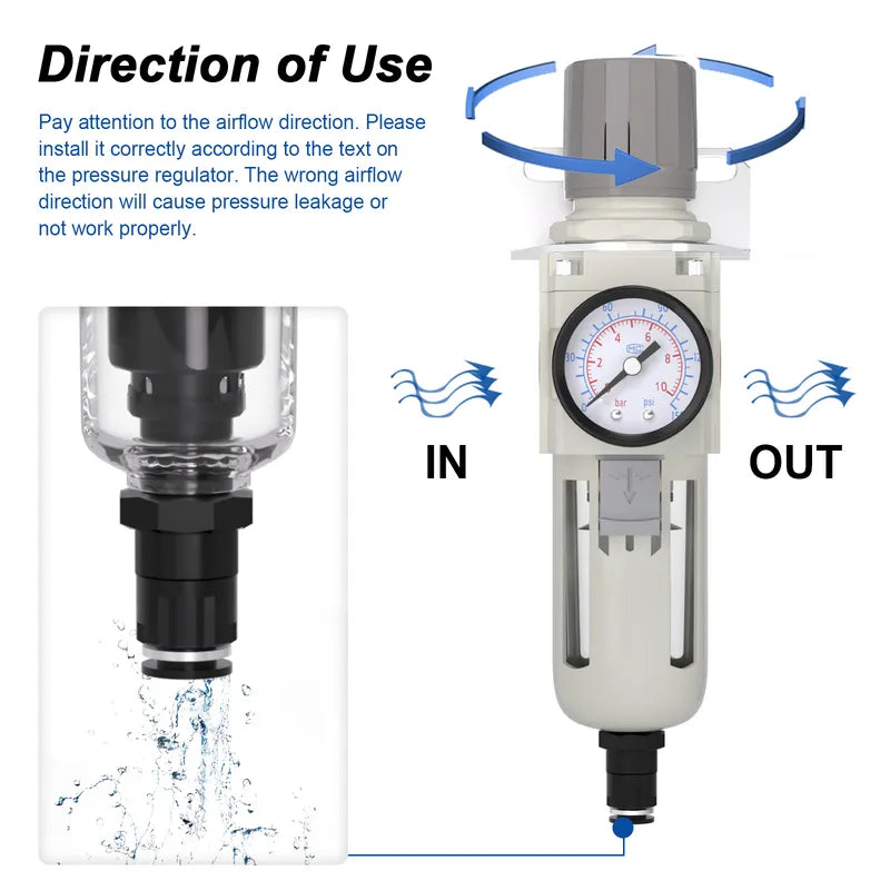 Airflow direction and auto drain warning for airzoe AW4000-04 air filter regulator combo showing IN and OUT installation direction