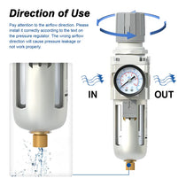 Airflow direction and semi-auto drain warning for airzoe AW4000-04 air filter regulator combo showing IN and OUT installation direction