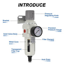 Parts structure of airzoe AW4000-04 auto drain air filter regulator combo with pressure regulating knob, precision pressure gauge, metal cover, transparent filter cup and filter element