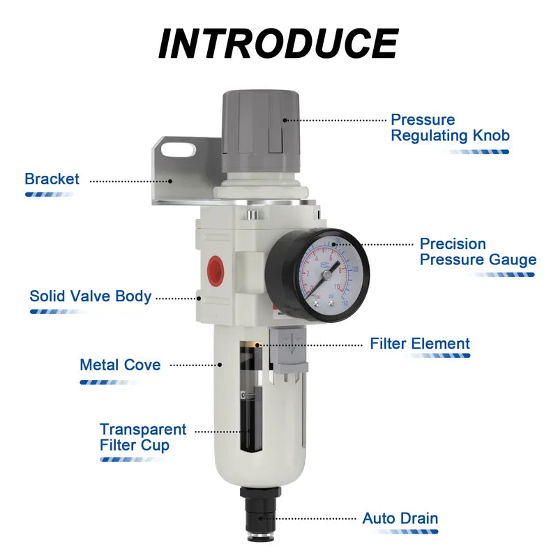 Parts structure of airzoe AW4000-04 auto drain air filter regulator combo with pressure regulating knob, precision pressure gauge, metal cover, transparent filter cup and filter element