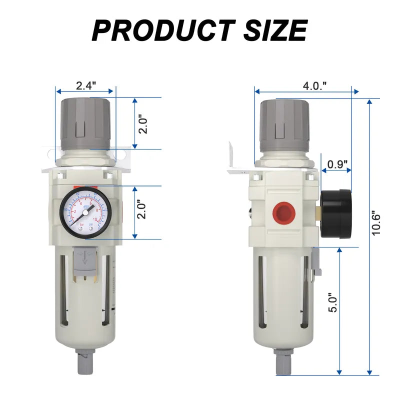 Size dimensions of airzoe AW4000-06 3/4 inch NPT semi-auto drain air filter regulator combo with 0-150 PSI gauge