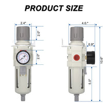 Size dimensions of airzoe AW4000-06 3/4 inch NPT semi-auto drain air filter regulator combo with 0-150 PSI gauge