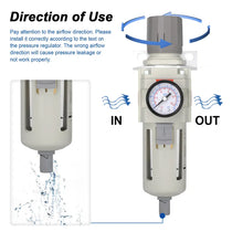 Airflow direction and semi-auto drain warning for airzoe AW4000-06 air filter regulator combo showing IN and OUT installation direction