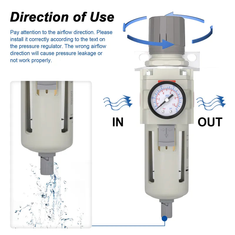 Airflow direction and semi-auto drain warning for airzoe AW4000-06 air filter regulator combo showing IN and OUT installation direction