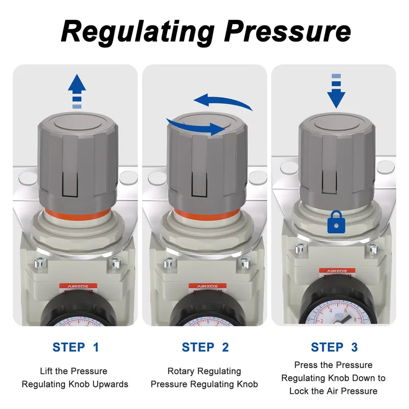 Pressure regulating instructions for airzoe AW4000-06 air filter regulator combo showing lift, rotate and press knob steps