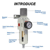 Parts structure of airzoe AW4000-06 semi-auto drain air filter regulator combo with pressure regulating knob, precision pressure gauge, metal cover, transparent filter cup and filter element